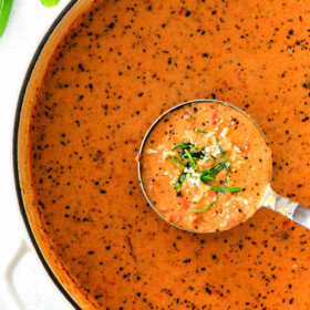 This Parmesan Tomato Basil Soup recipe is our family favorite!ย Its super easy without any chopping! bursting with flavor and I love the addition of Parmesan!ย ย