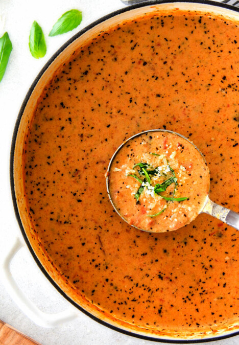 This Parmesan Tomato Basil Soup recipe is our family favorite!ย Its super easy without any chopping! bursting with flavor and I love the addition of Parmesan!ย ย