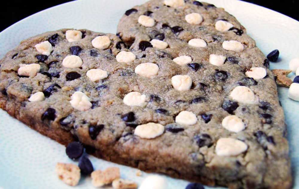 heart shaped s'mores cookie on white plate