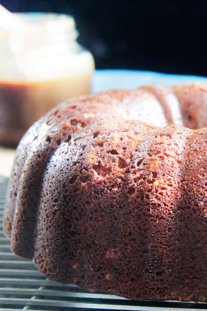 close up of brown sugar pound cake on cooling rack