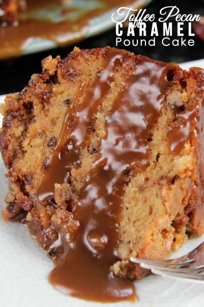 slice of pecan pound cake drizzled with caramel sauce