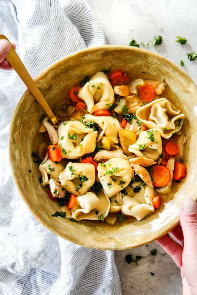 This is the BEST Slow Cooker Chicken Tortellini Soup you will ever try!ย It's super easy, seasoned to perfection and a comforting, satisfying dinner any night of the week!ย ย top view of two hands holding a bowl of Chicken Tortellini Soup cheese tortellini, onions, celery, carrots