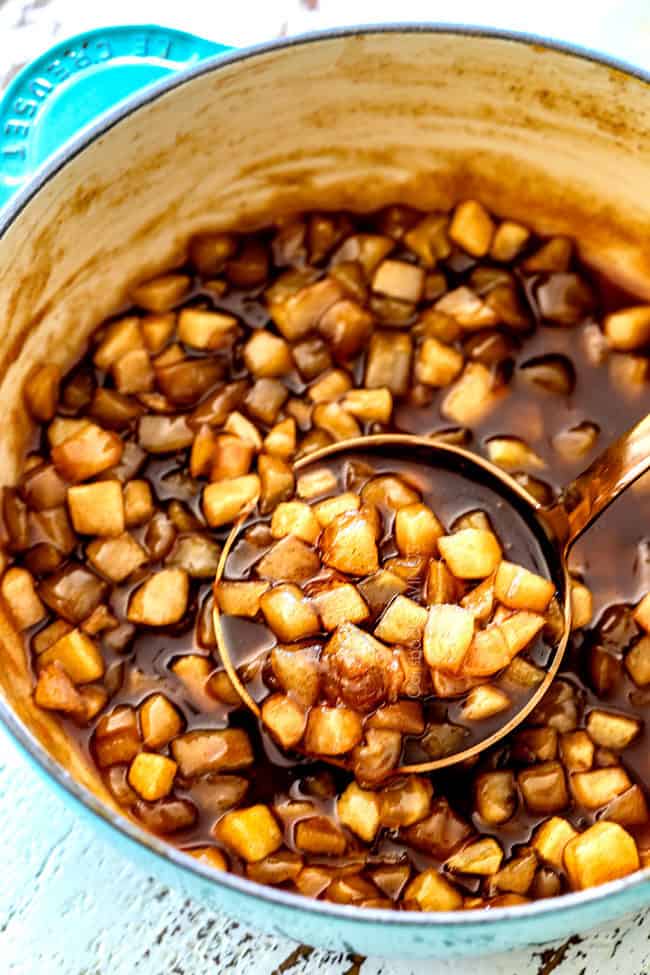 side view of ladle scooping up easy apple syrup