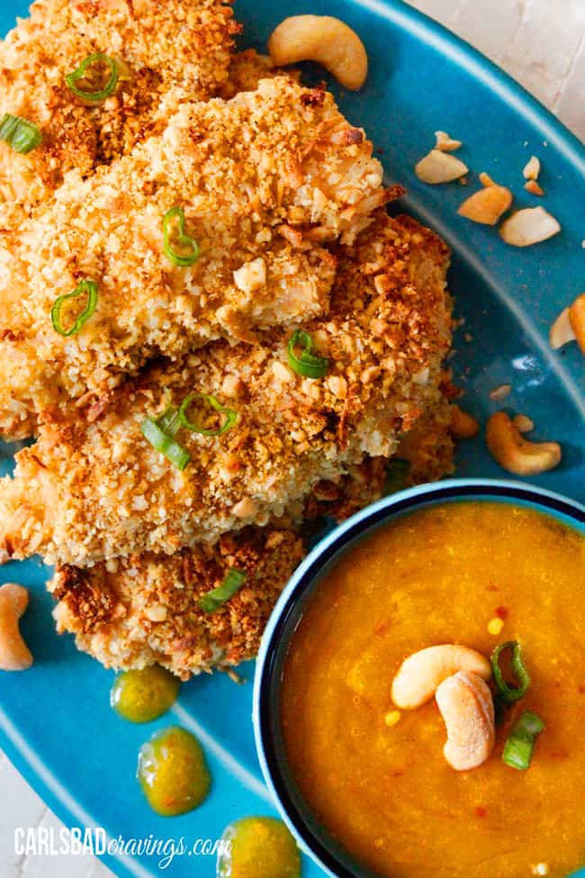 lining cashew chicken on a plate for cashew chicken salad