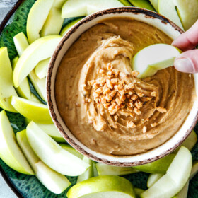 5 Minuteย Cream Cheese Toffee Apple Dip is my go-to party dip!ย Its rich and creamy with crunchy, sweet toffee bits and couldn't be any easier!ย Everyone goes crazy for this dip!