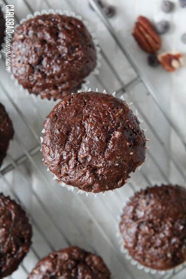 Chocolate Zucchini Muffins with DOUBLE the CHOCOLATE, ZERO added fat and a whole lot of yum!! This Chocolate Zucchini Muffins Recipe is baked with applesauce and vanilla yogurt that are crazy moist and chocolaty!ย You will devour these by the handfuls - becauseย you can! Top view of Chocolate Zucchini Muffins with chocolate chips and pecans on a cooking rack