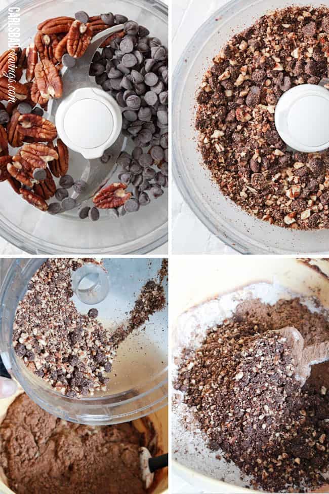 Chocolate Zucchini Muffins with DOUBLE the CHOCOLATE, ZERO added fat and a whole lot of yum!! This Chocolate Zucchini Muffins Recipe is baked with applesauce and vanilla yogurt that are crazy moist and chocolaty!ย You will devour these by the handfuls - becauseย you can! showing how to make Chocolate Zucchini Muffins by chopping chocolate chips and pecans in a food processor then adding them to the dry ingrediets