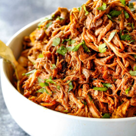 side shot of Best Cafe Rio Sweet Pulled Pork in a white bowl with cilantro