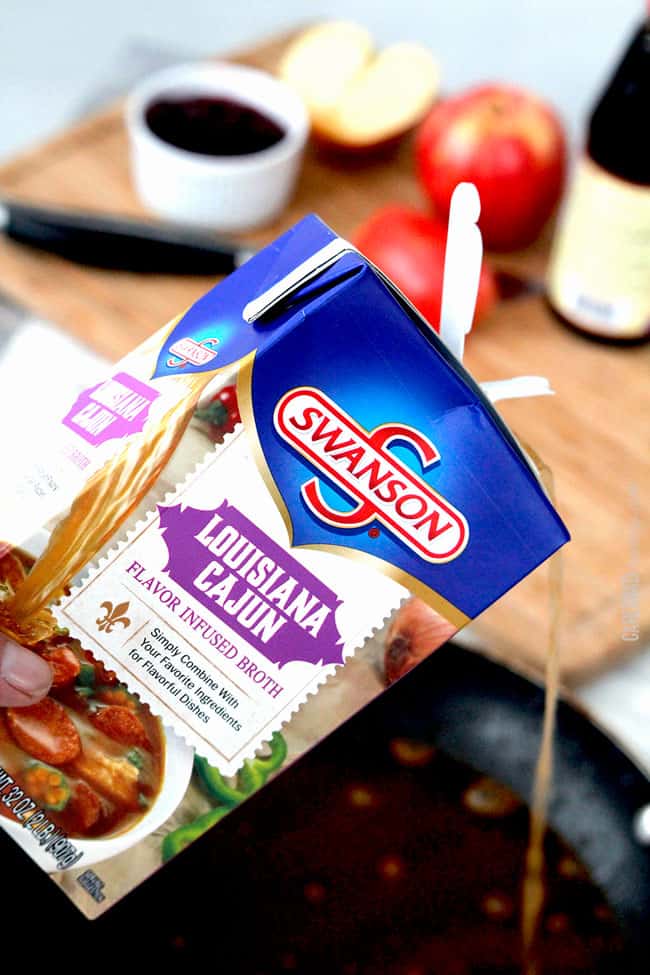 Showing how to make Cajun Pork Tenderloin using chicken broth by Swanson.