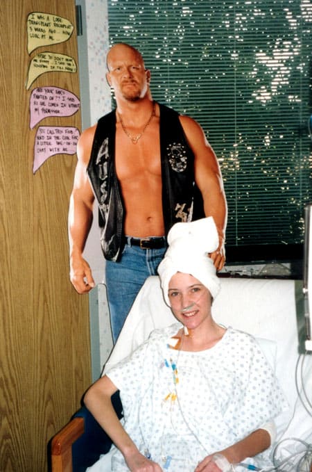 Our wonderful family friend, Eric Ottesen, dropped of a life size cardboard cutout of wrestler Stone Cold Austin with custom quotation bubbles that read, โMaybe you didnโt hear me buddy, I said sheโs sleeping until noon!โ; โAre your ears painted on??? I said no one comes in without my permission!โ; โYou call this food?! Send in the cook for a little one on one chat with me!โ; and my personal favorite, โI was a lobe transplant recipient three weeks ago, now look at me!โ