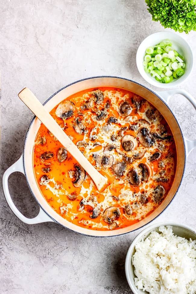 top view of a pot of easy tom kha gai recipe