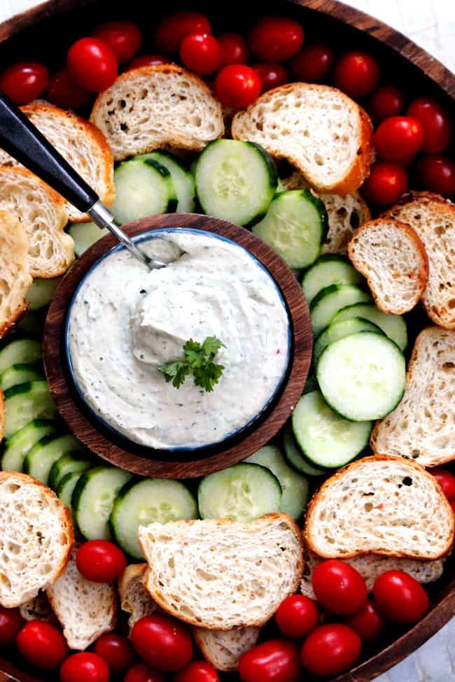 top view of whipped feta dip with vegetables
