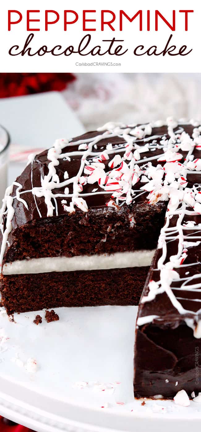 up close of Chocolate Peppermint Cake with a layer of Peppermint Vanilla Buttercream Frosting 