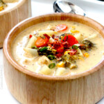 Flavor packed, EASY creamy, cheesy comforting Slow Cooker Bacon Ranch Chicken Chowder is the ultimate comfort soup with NO butter or cream but SO much flavor!! #broccolicheesesoup #chowder #potatosoup