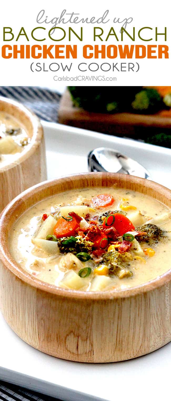 a bowl of crockpot corn chowder pile with potatoes, corn and bacon