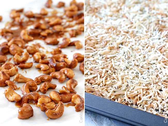 showing how to make tropical fruit salad by toasting cashews and coconut