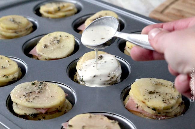 process shot showing how to assemble gruyere potato stacks
