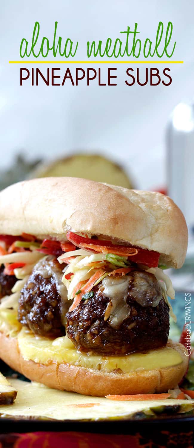 up close of an Aloha Sub Sandwich with Hawaiian Meatballs in a hoagie bun