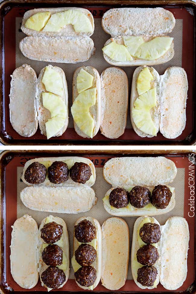 showing how to make Aloha Subs by lining buns with pineapple and Hawaiian meatballs
