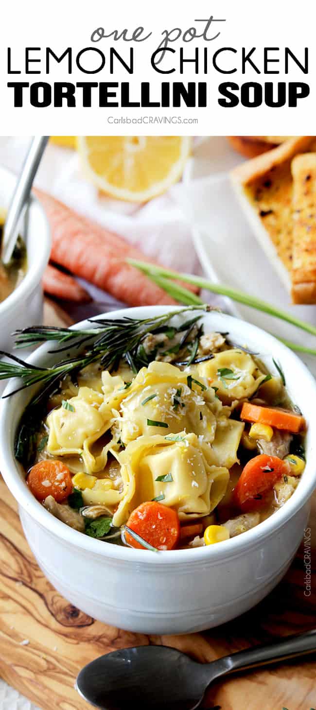 Lemon Chicken Soup Recipe in a white bowl on a cutting board