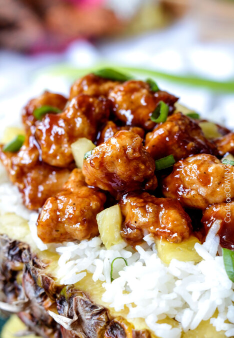 Pineapple Ginger Chicken Recipe on a bed of white rice.