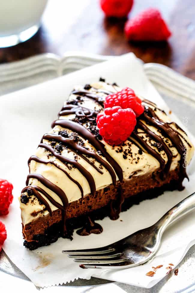 Creamy, rich chocolate mousse smothered with silky peanut butter whipped cream cradled in an Oreo crust. You won’t be able to stop eating this pie!