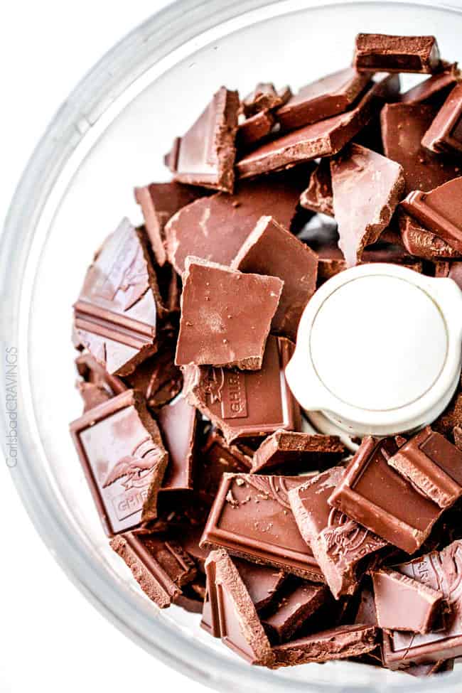 Showing how to make Peanut Butter Chocolate Mousse by blending chocolate chunks.