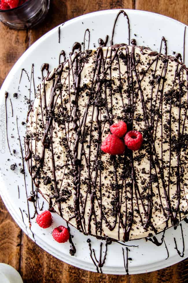 Full pie of Peanut Butter Chocolate Mousse on a white serving plate.