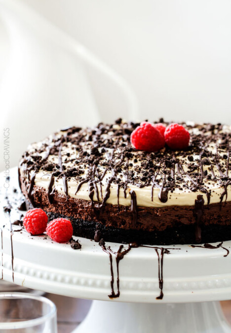 Creamy, rich chocolate mousse smothered with silky peanut butter whipped cream cradled in an Oreo crust. You won’t be able to stop eating this pie!
