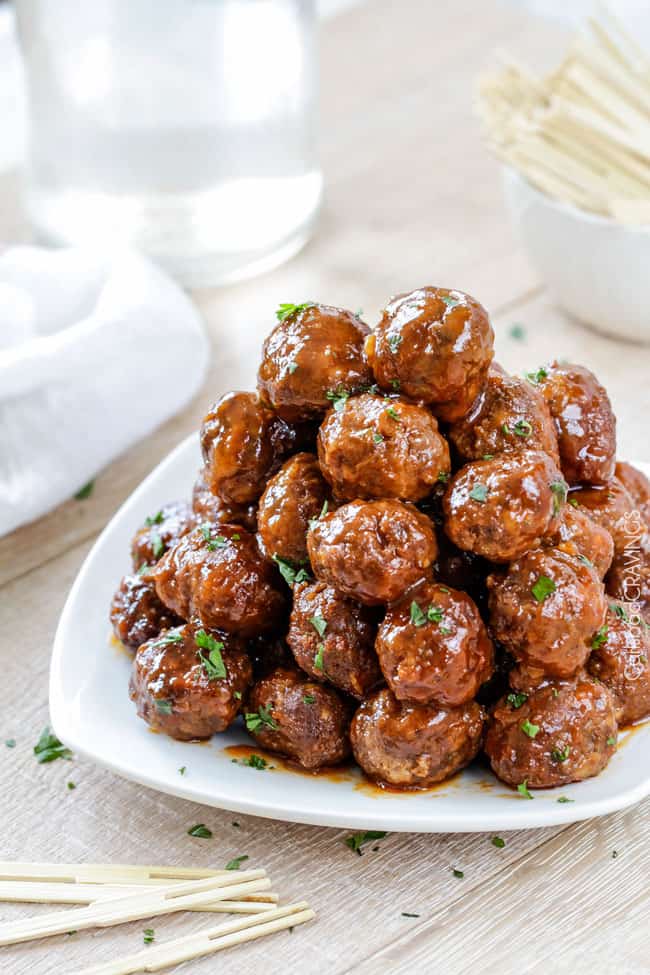 buffalo slow cooker meatballs on a platter
