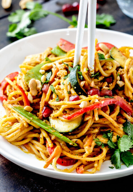 Easy 25 Minute Spicy Thai Pumpkin Noodles (with chicken option) are quick and easy to whip up and smothered in the most tantalizing spicy peanut pumpkin sauce that you will want to make year round!