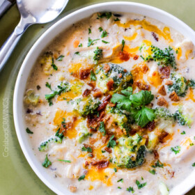 Cheesy Chicken, Broccoli, Wild Rice Soup is your favorite comforting casserole in soup form! Creamy, cheesy, seasoned to perfection and couldnโt be any easier!