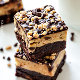 Easy box mix Toffee Chocolate Cookie Dough Brownies donโt get any easier or more delicious! A rich, fudgy brownie topped with eggless, toffee filled chocolate cookie dough!