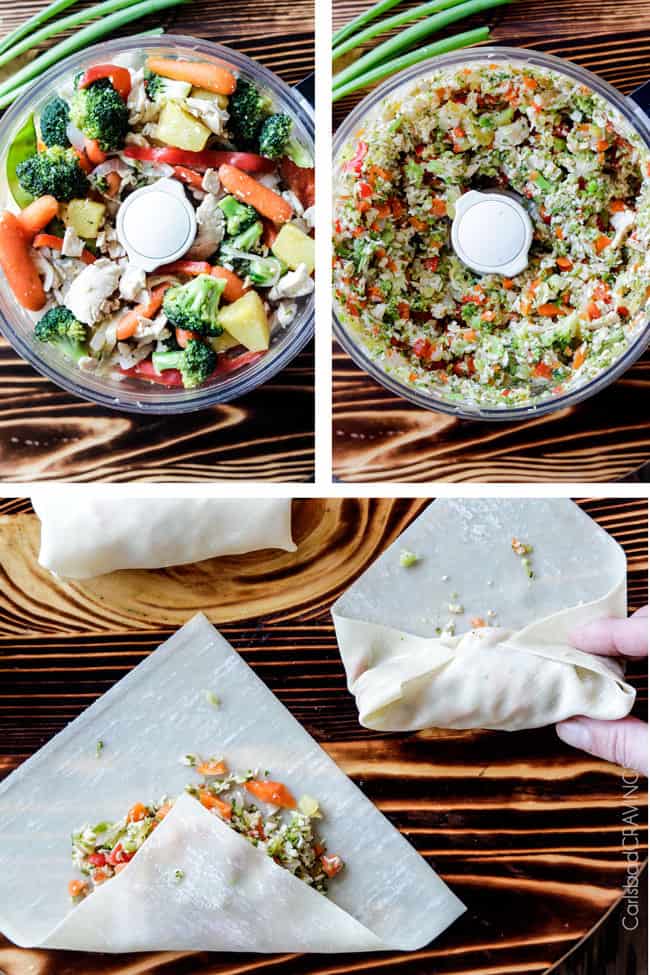 Sweet and Sour Chicken Egg are the best egg rolls Iโve ever had with the best sweet and sour sauce! And made extra fast with the food processor. I am bringing these to all my holiday parties! #appetizer #NewYears #Christmas a collage showing how to make chicken egg rolls by chopping filling in a food processor then showing how to wrap chicken egg rolls in egg roll wrappers by folding up the bottom then the sides, then rolling up