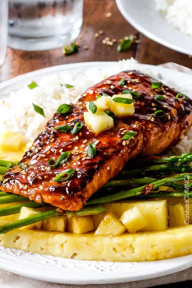 sweet and tangy Asian BBQ Salmon dripping with flavor but one of the easiest meals to throw together! Delicious enough for company, easy enough for everyday.