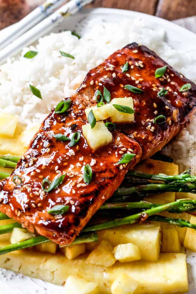 sweet and tangy Asian BBQ Salmon dripping with flavor but one of the easiest meals to throw together! Delicious enough for company, easy enough for everyday.