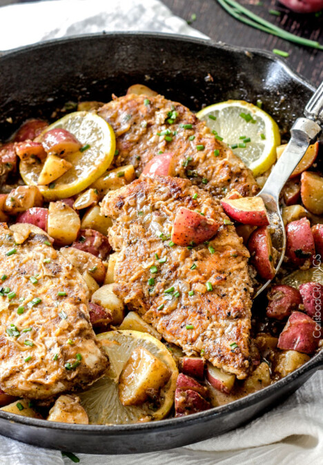 30 Minute Chicken and Potato Skillet in Creamy Lemon Paprika Sauce - quick and easy one pan meal (and one microwave dish), bursting with flavor. The potatoes finish cooking in the incredible sauce so they are SO flavorful and the crispy chicken is amazing!