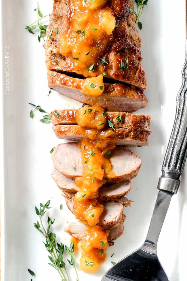 top view of pork tenderloin recipe showing how pink pork should be
