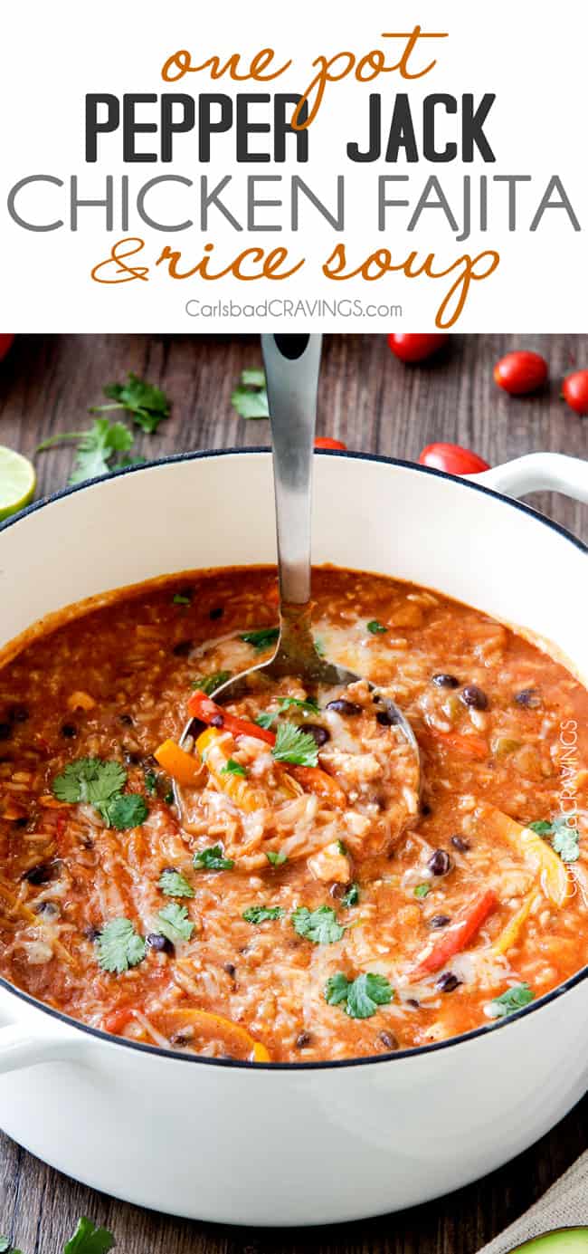 ONE POT Pepper Jack Chicken Fajita and Rice Soup is packed with your favorite fajita flavors and is SO easy, delicious and comforting! The whole family will love this! a big pot of chicken fajita soup with cheese