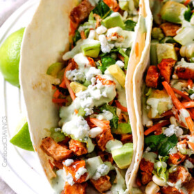 Buffalo Chicken Tacos are bursting with flavor from the incredible chicken and the Blue Cheese Cilantro Ranch is to die for! Always a crowd pleaser!