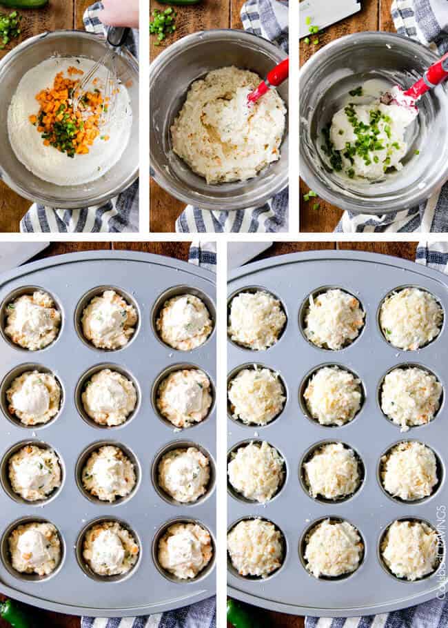 Showing how to make Jalapeno Popper Cheese Muffins by mixing the ingredients.