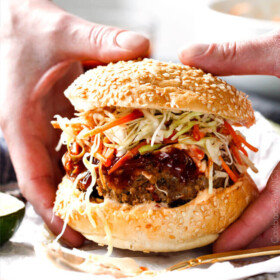 These crazy juicy Asian Burgers are so bursting with flavor you barely need to add anything and its one of the quickest dinners you will make! The hoisin ketchup, Garlic Chili Mayo and Asian Slaw are also amazing! Definitely making these for my next BBQ!