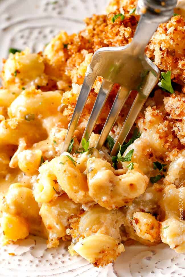 A fork full of Million Dollar Macaroni and Cheese.
