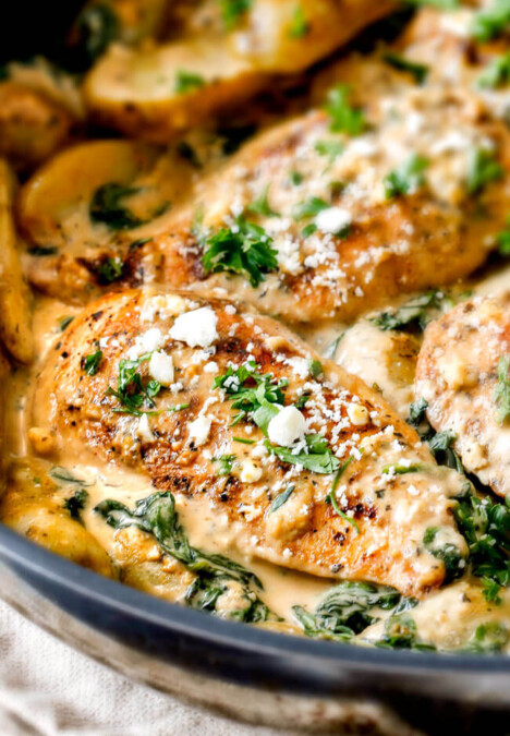 30 Minute Maple Dijon Chicken Skillet with Fingerling Potatoes and Spinach - this super easy, flavorful one chicken skillet is a meal all in one and is my favorite go-to weeknight meal! My kids love that it has potatoes in it and the creamy maple Dijon sauce is incredible!