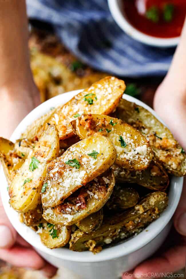 Easy baked Parmesan Fingerling Potato Fries with a crispy exterior and creamy buttery interior make the perfect appetizer, snack or side you won't be able to stop munching!