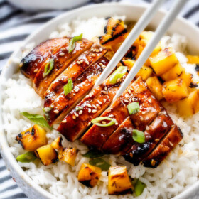 5 Minute prep Easy Teriyaki Chicken infused with Sweet Chili Sauce for added depth of flavor and YUM! The marinade doubles as the sauce for an easy family favorite that tastes better than takeout! My family loves this with rice and stir fried veggies and I love it on salad or in wraps!