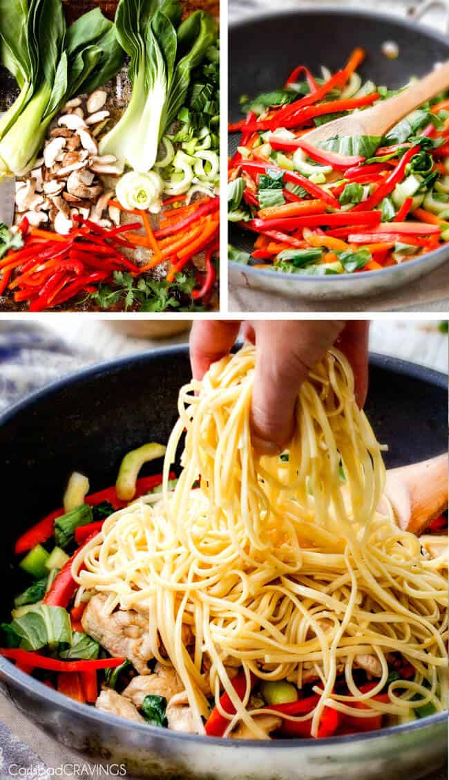 30 Minute Peanut Sesame Noodles (with Chicken and Veggies) - super quick and easy meal all in one with the most amazing creamy peanut sesame sauce you will crave for days! Showing how to make Sesame Noodles by stir frying bock choy, shiitake mushrooms, red bell peppers