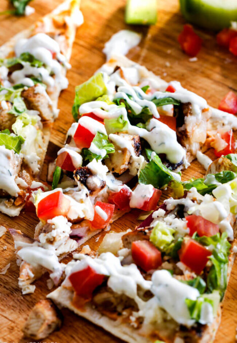 Chicken Gyro Flatbread Pizzas – these are amazing and SO quick and easy! An explosion of flavors and textures with the most flavorful Greek Chicken and easy Blender Tzatziki! Great for lunch/dinners or for appetizers and entertaining!