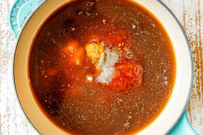 showing how to make Chinse Lemon Chicken by whisking the lemon sauce ingredients together in a saucepan: garlic, ginger, lemon juice, chicken broth, Asian chili sauce, apricot preserves