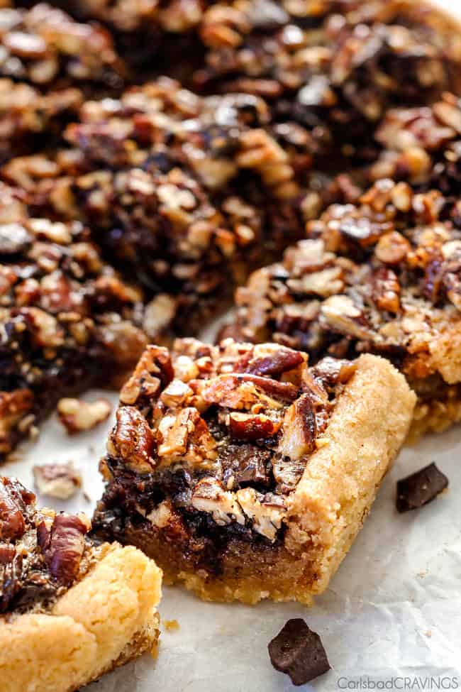 Chocolate Chunk Pecan Pie Bars cooling.